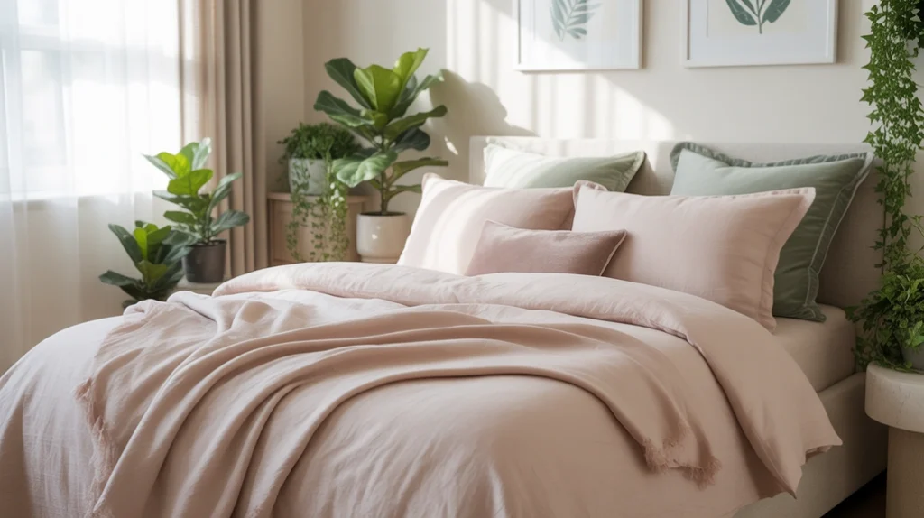 Pink and green bedroom with sage bedding and indoor plants