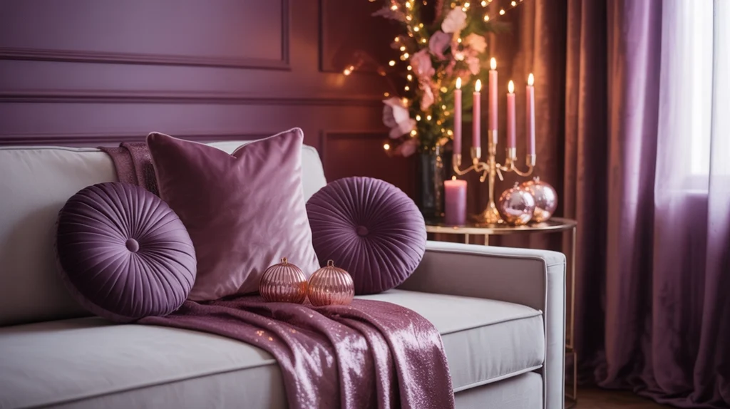 Plum and rose gold Christmas color palette featuring velvet cushions, candles, and elegant metallic details.