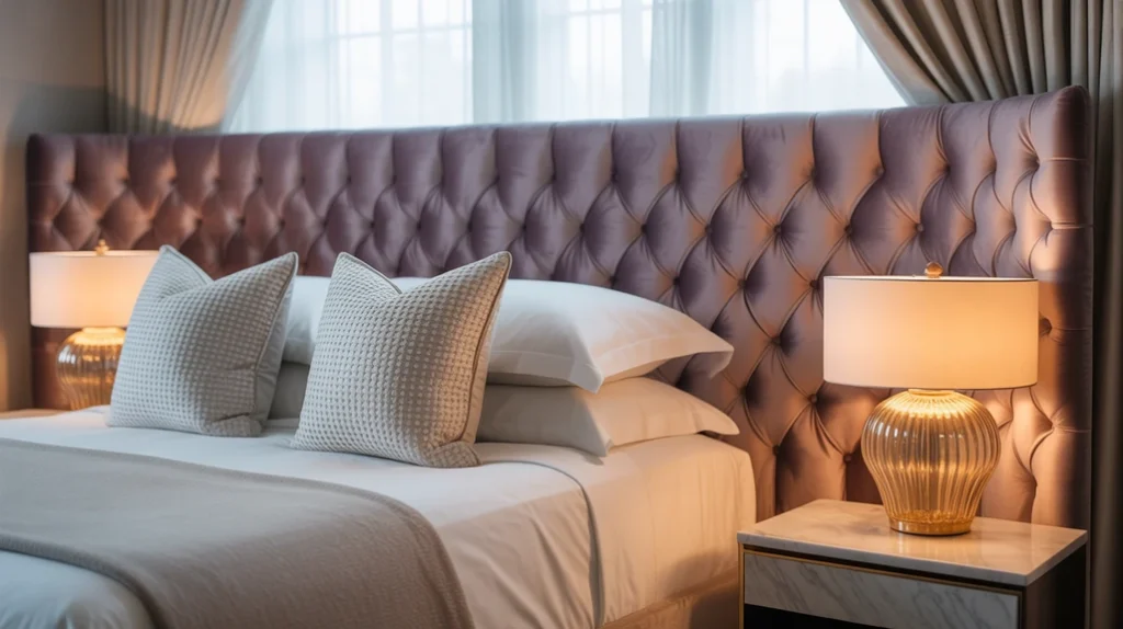 Tufted purple velvet headboard and gold décor bring luxury texture to purple bedroom ideas.