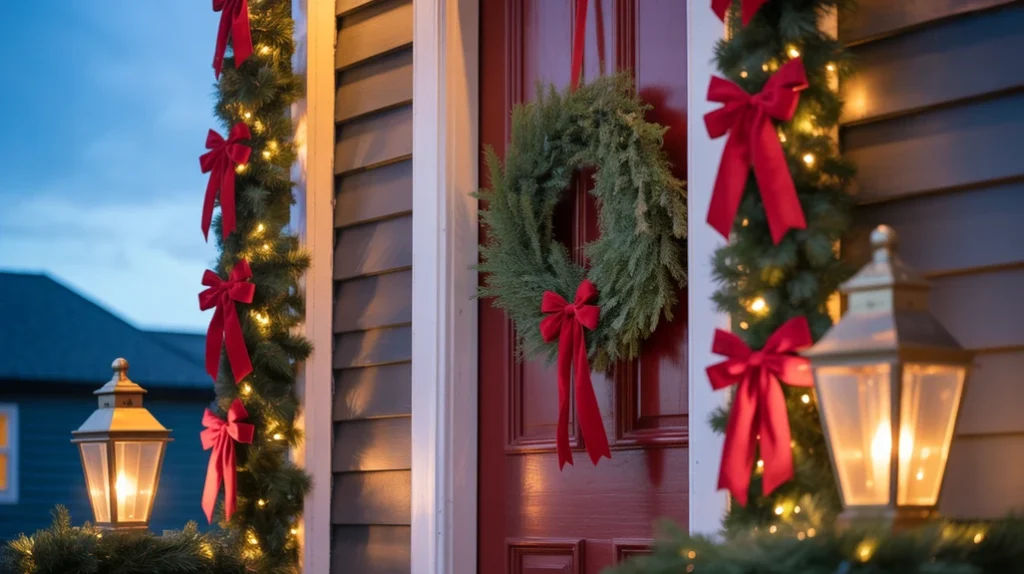 front porch decorated with red bows, white fairy lights, and wreaths creating welcoming outdoor christmas decor.