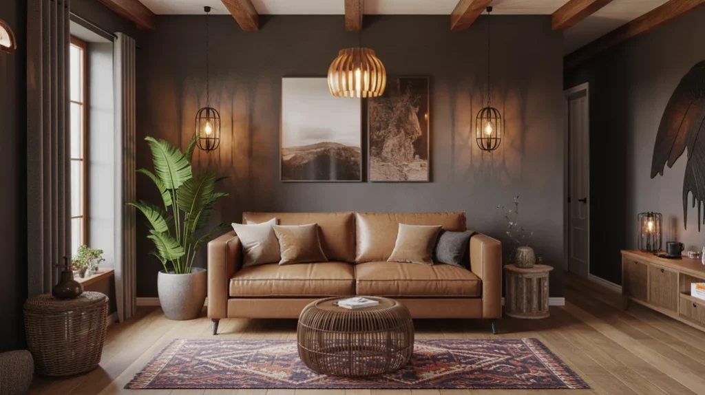 Rustic ceiling beams with velvet sofa and rattan accents in a dark boho design.