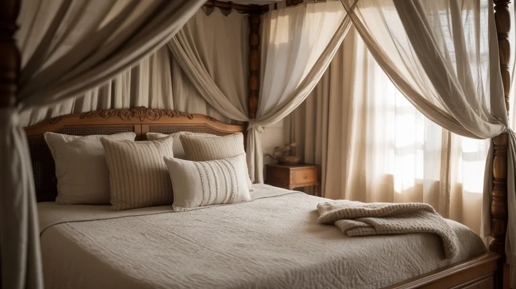Rustic bedroom wooden canopy bed with light curtains and soft bedding
