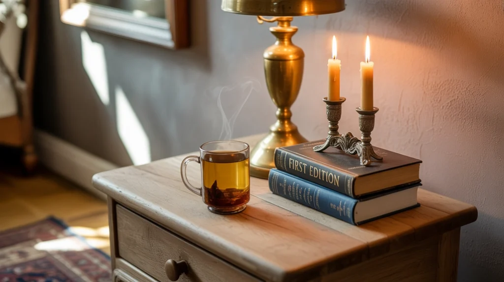 Rustic farmhouse bedroom décor with rustic nightstand accessories.