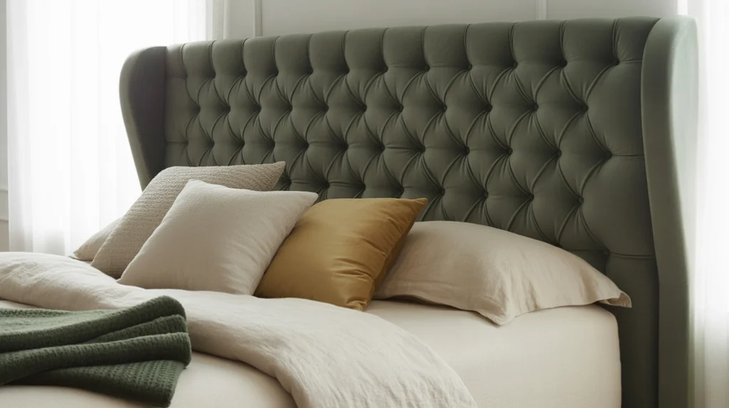 Cozy moody bedroom with statement headboard in dark velvet upholstery.