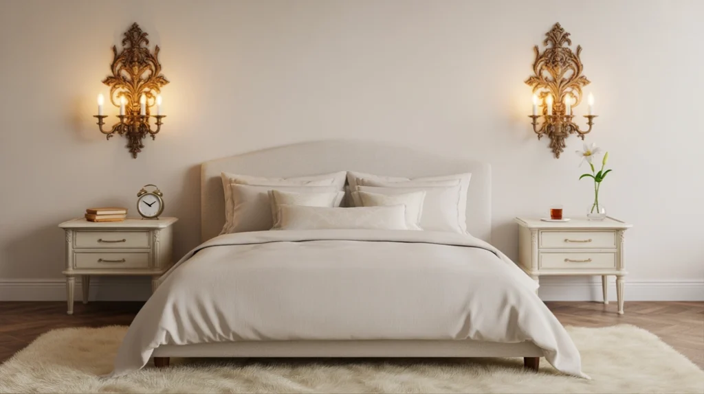 Brass wall sconces above nightstands providing warm reading light in bedroom