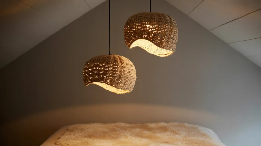 Bedroom pendant lights made of jute or rattan casting warm glow, natural cozy ambience”
