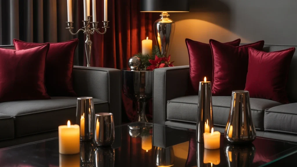 modern holiday living room in wine red and stone gray with silver decor and cozy winter textiles.