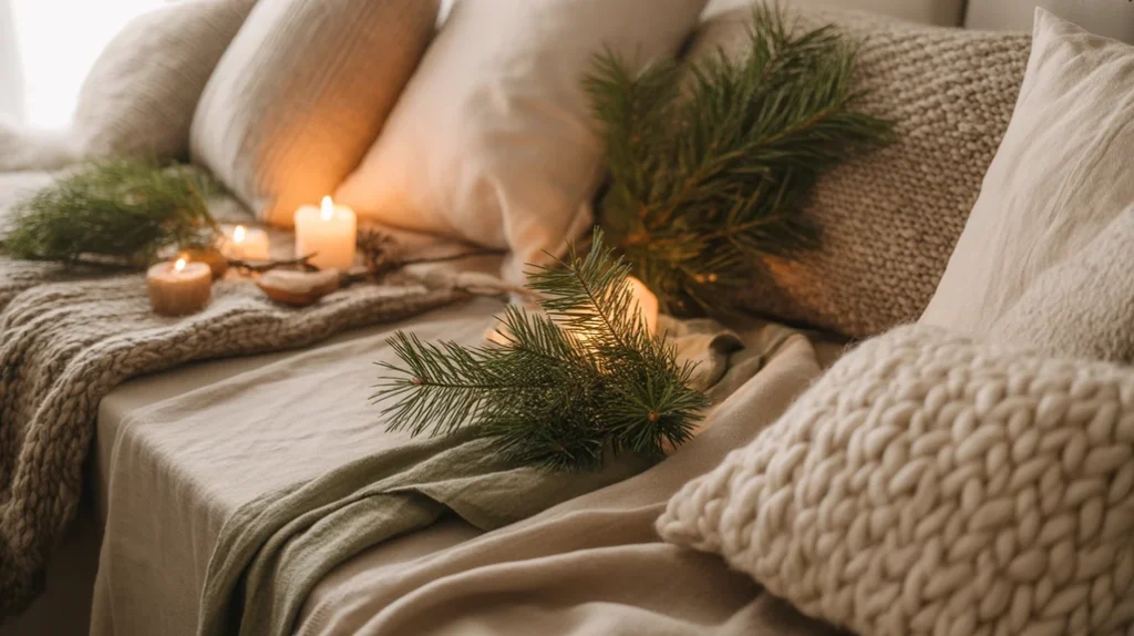 Modern Scandinavian holiday design using soft beige, evergreen garlands, and neutral accents for a timeless cozy look.