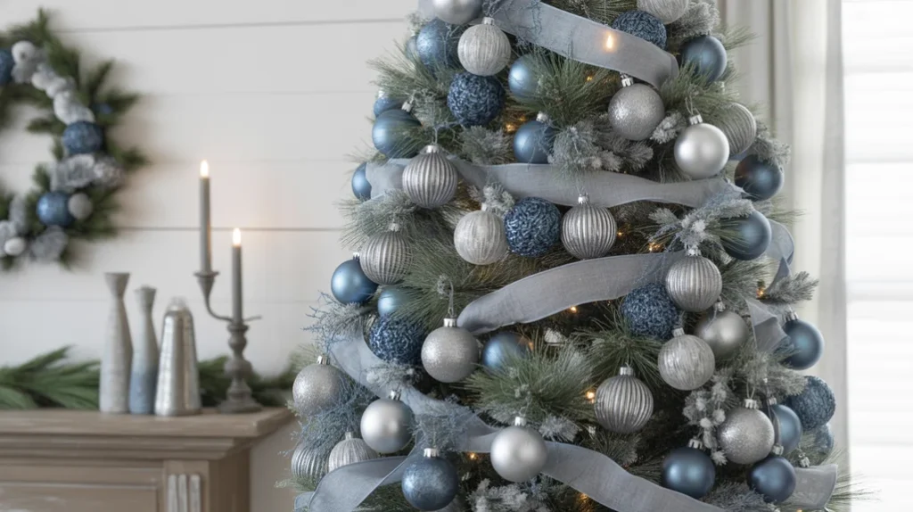 Denim blue and matte silver Christmas tree featuring brushed ornaments, textured ribbons, and rustic wooden details for relaxed style.