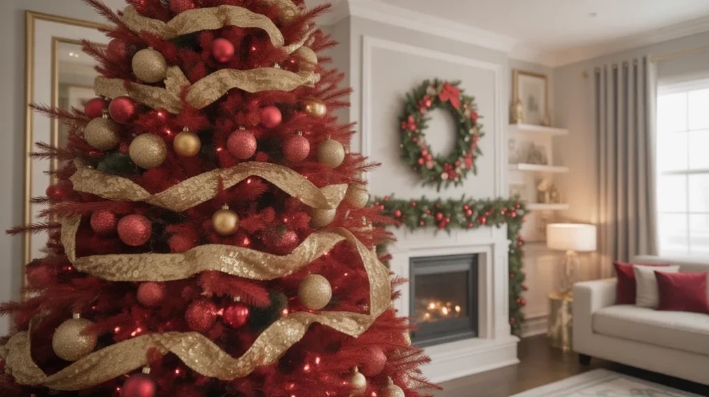 Glamorous metallic red and gold Christmas tree with sequined ribbons and glittered baubles for a luxury holiday aesthetic.