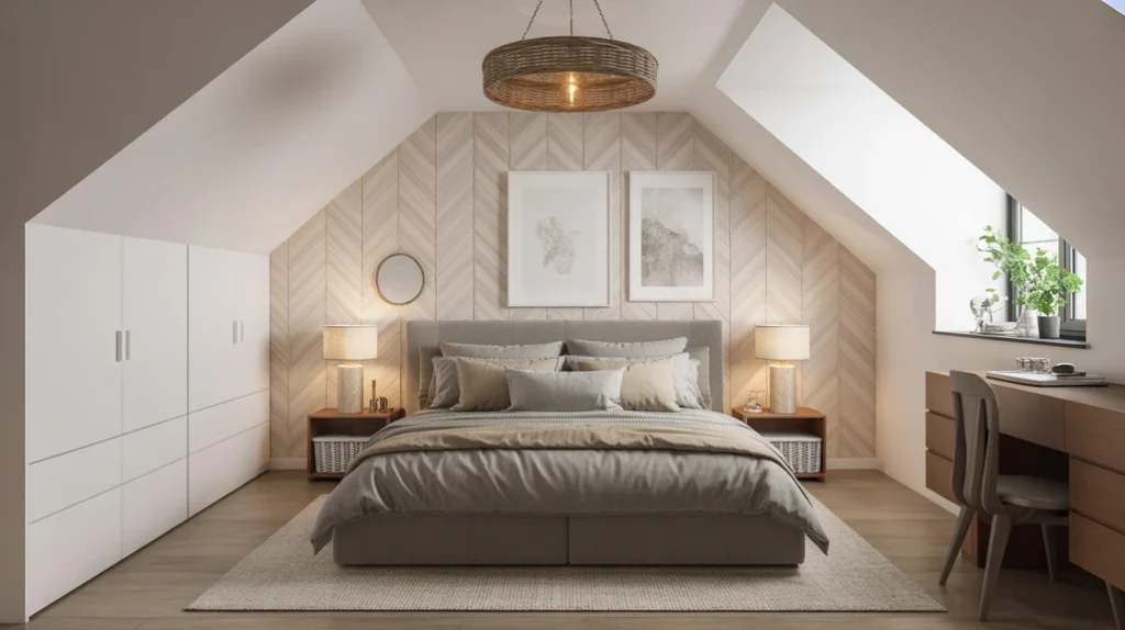 accent-wall-or-wallpaper-attic-bedroom – attic bedroom ideas with accent wall or subtle wallpaper design for style