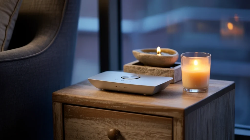 White noise machine, tabletop fountain, and candles creating a calming soundscape in the bedroom.
