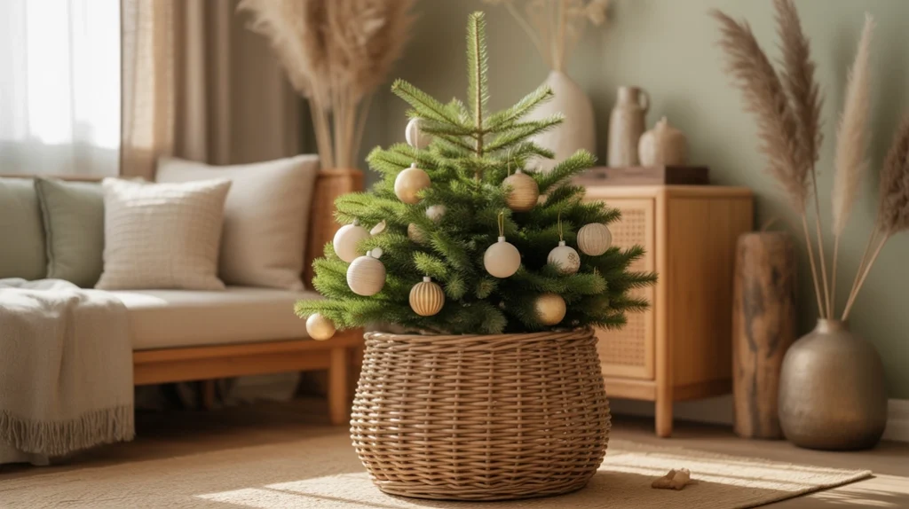 Christmas tree placed in a woven basket base with natural decor for organic minimalist styling.