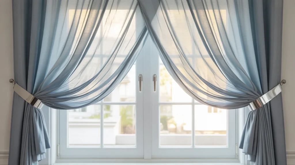 Window with sheer blue curtains and silver tiebacks letting soft daylight illuminate the décor.