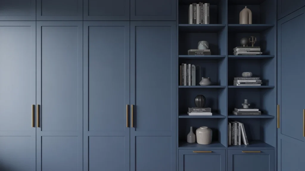 Navy blue built-in wardrobe and shelving with brass hardware.