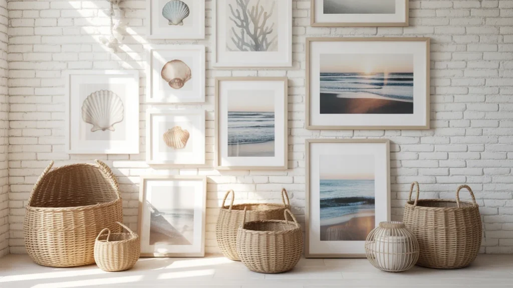 Wall with ocean-themed prints, woven baskets, and beach photography, arranged casually, soft pastel tones”