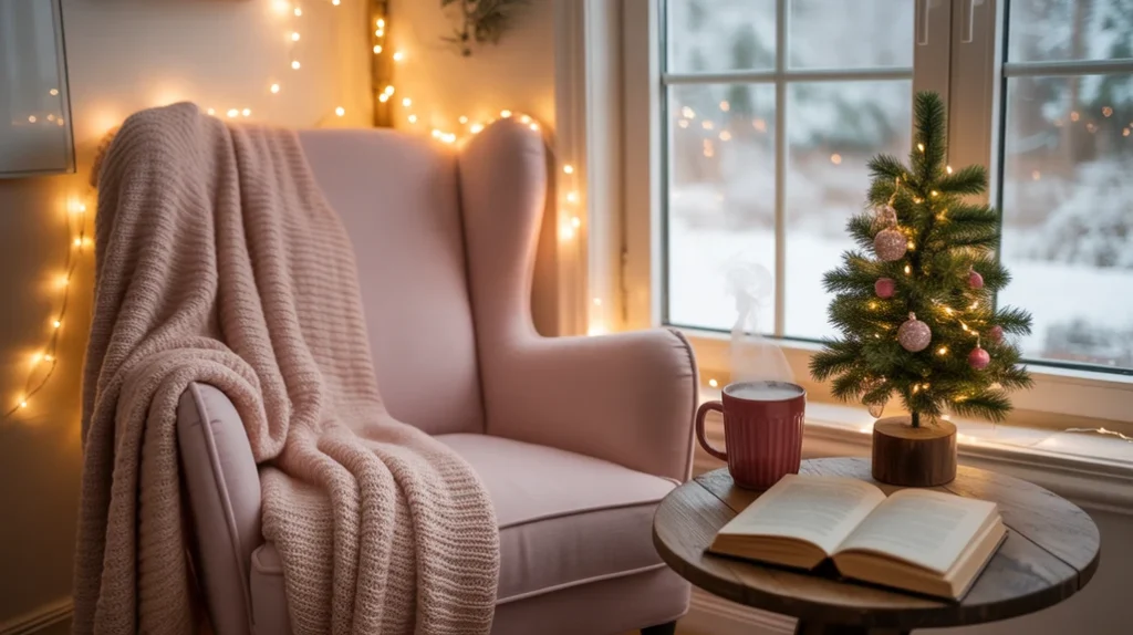 Cozy Christmas reading nook with blush throw blanket, fairy lights, and mug of cocoa for a romantic winter vibe.