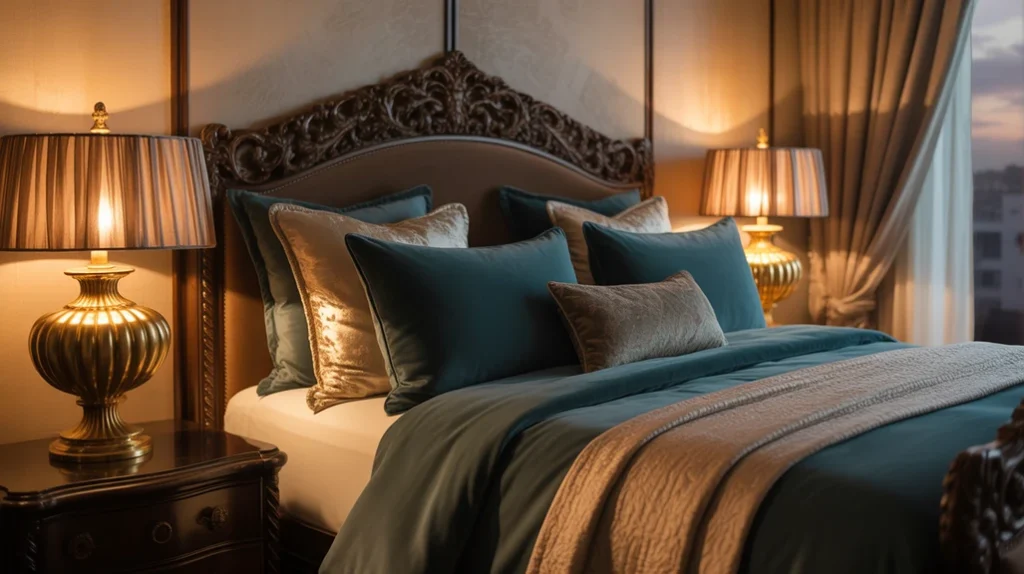 Dark brown bedroom furniture set with cozy bedding and gold lamps