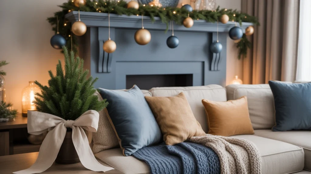 Denim-blue and muted gold Christmas decor with linen ribbons and soft fabrics creating a relaxed, stylish family-room feel.