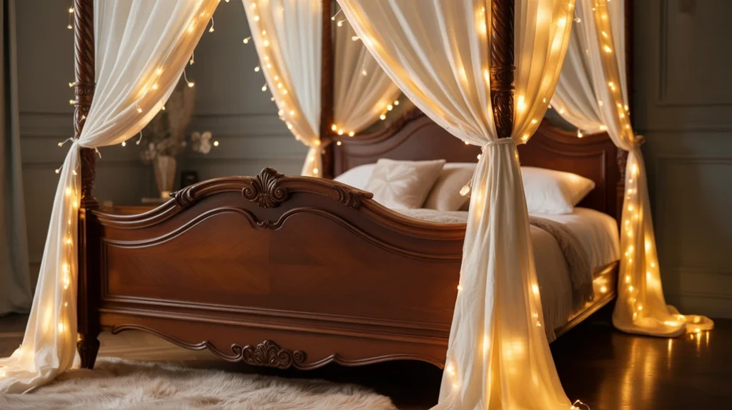 Romantic bedroom with fairy lights creating a soft, whimsical glow.