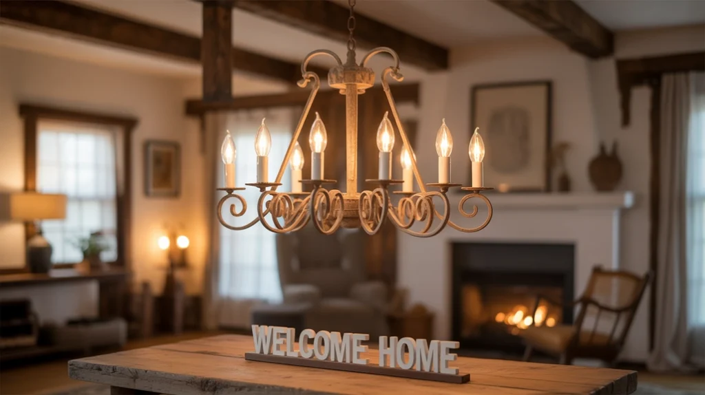 Farmhouse chandelier with candle-style bulbs in a rustic living room