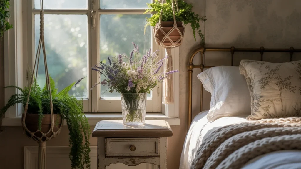 Fresh flowers and greenery bring natural warmth to cozy cottage bedroom decor.