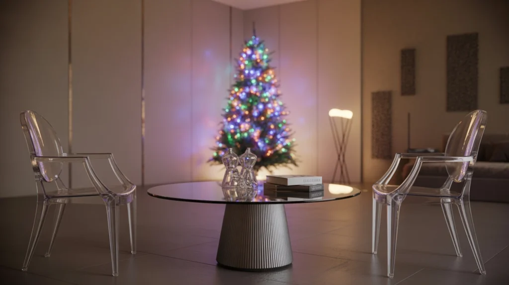 Modern Christmas decor with glass tables, acrylic chairs, and reflective metallic finishes.