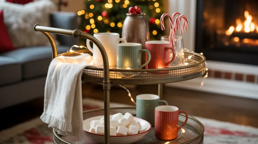 Hot cocoa bar setup with mugs, candy canes, and string lights for Christmas living room decor