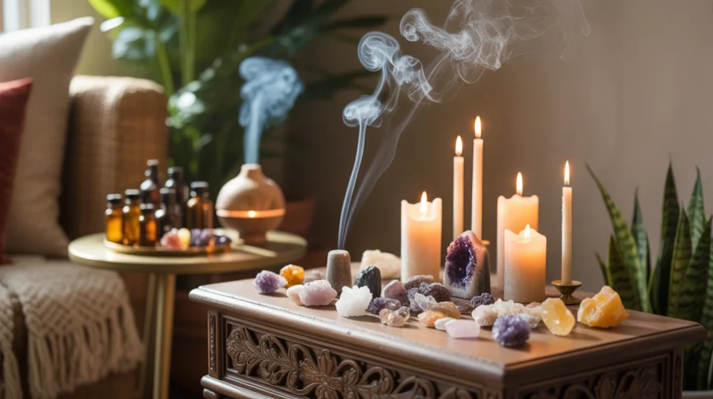 Incense and oils creating relaxing witchy atmosphere.