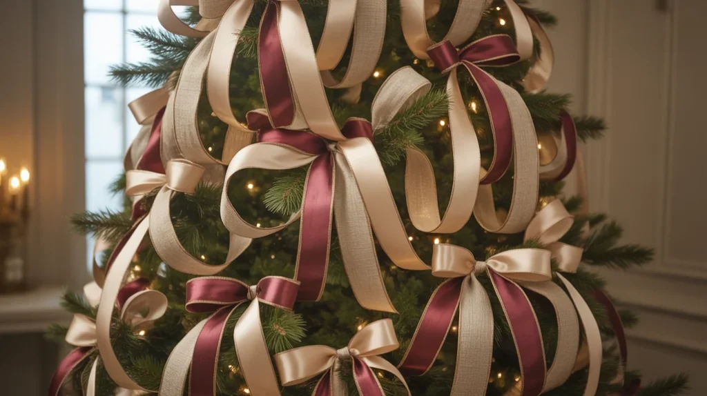 Layered velvet and satin ribbons giving a designer-inspired touch to Christmas tree decor.