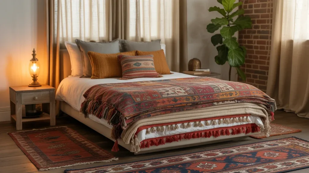 Layered Persian and jute rugs adding warmth and dimension to eclectic bedroom design ideas.