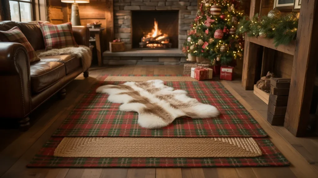 Layered rugs in cozy cabin living room for warm rustic Christmas home styling