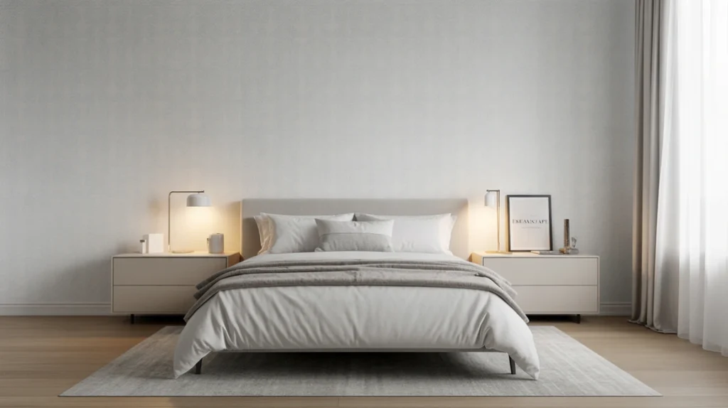 : Spa-inspired light blue bedroom idea with candles, plants, and cozy bedding for a restful retreat.