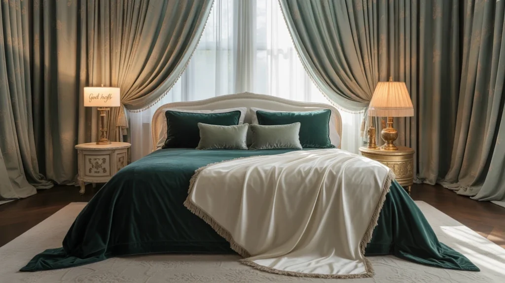 Maximalist bedroom with bold vintage nightstand styled with décor.