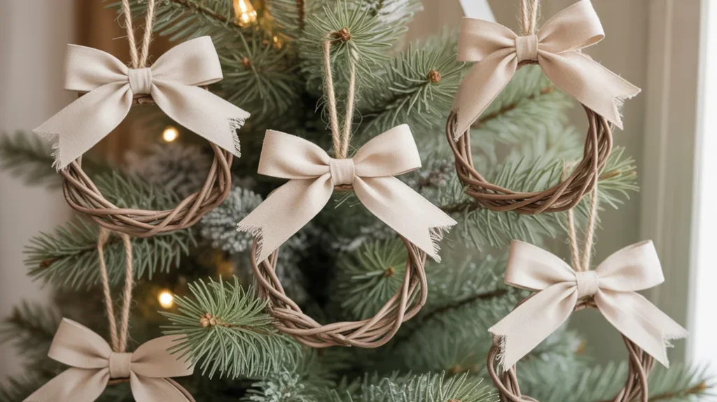 Mini twig wreath ornaments on a natural holiday tree.