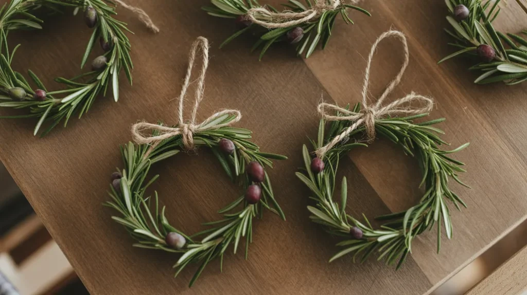 “mini rosemary wreath ornaments for natural Christmas tree decorations”