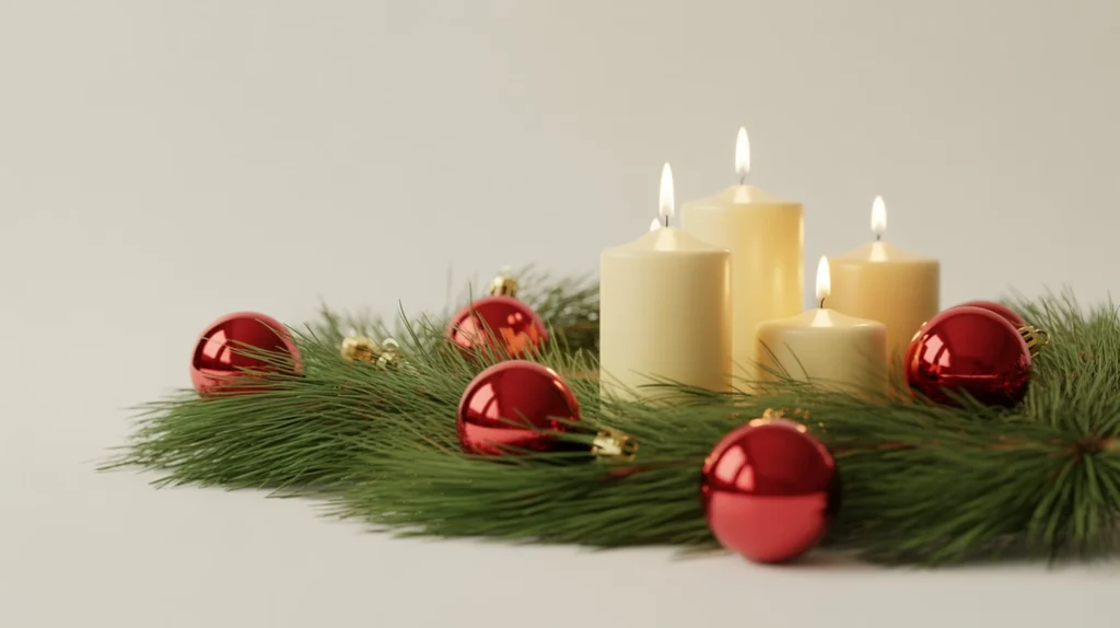 minimalist holiday decor with pine garlands, red ornaments, and candles blending simplicity with festive charm.