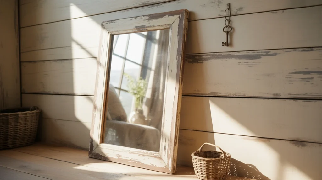 Full-length rustic wood mirror adding depth to modern farmhouse bedroom décor.