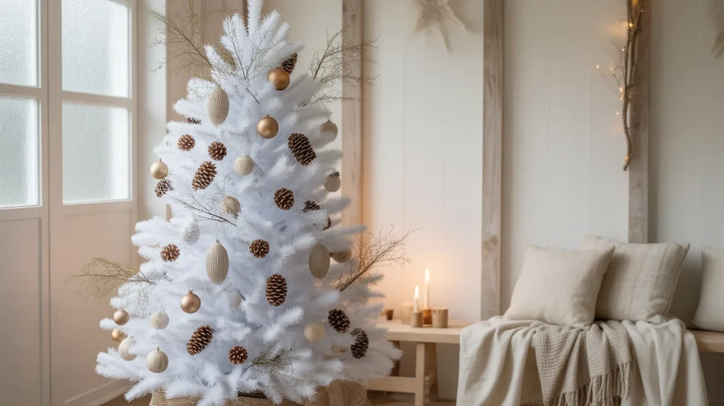 Rustic neutral Christmas tree with pinecones, twigs, and beige ornaments in a cozy home setting.