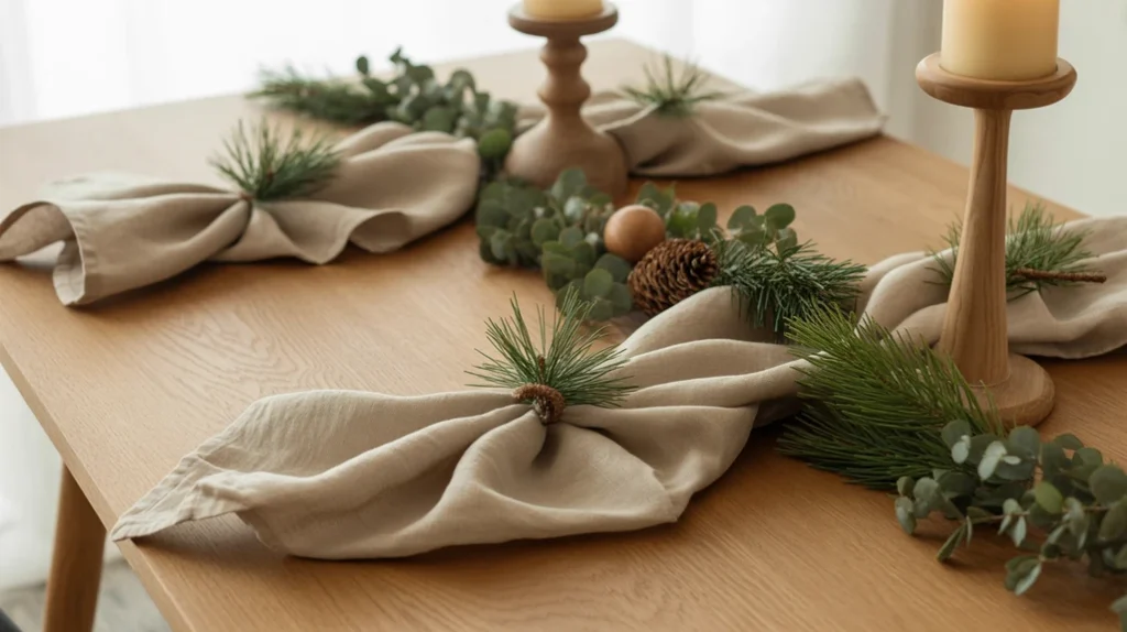 neutral christmas decor using linen, pine greenery, and wood textures for a natural minimalist holiday color palette.