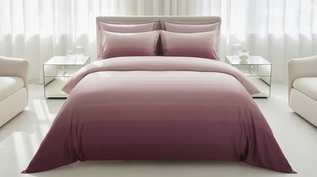 Ombre bedding fading from lilac to plum adds subtle artistry and softness to purple bedroom ideas.