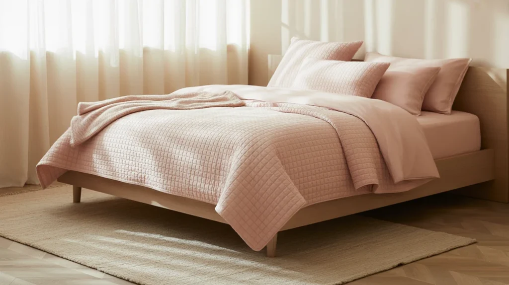 Pink bedroom with light wood furniture and cozy neutral tones