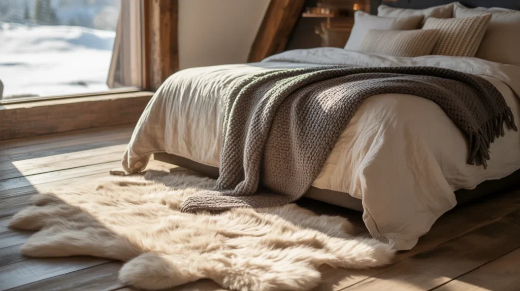 Rustic bedroom soft fur accents with faux fur throw and cozy layered bed