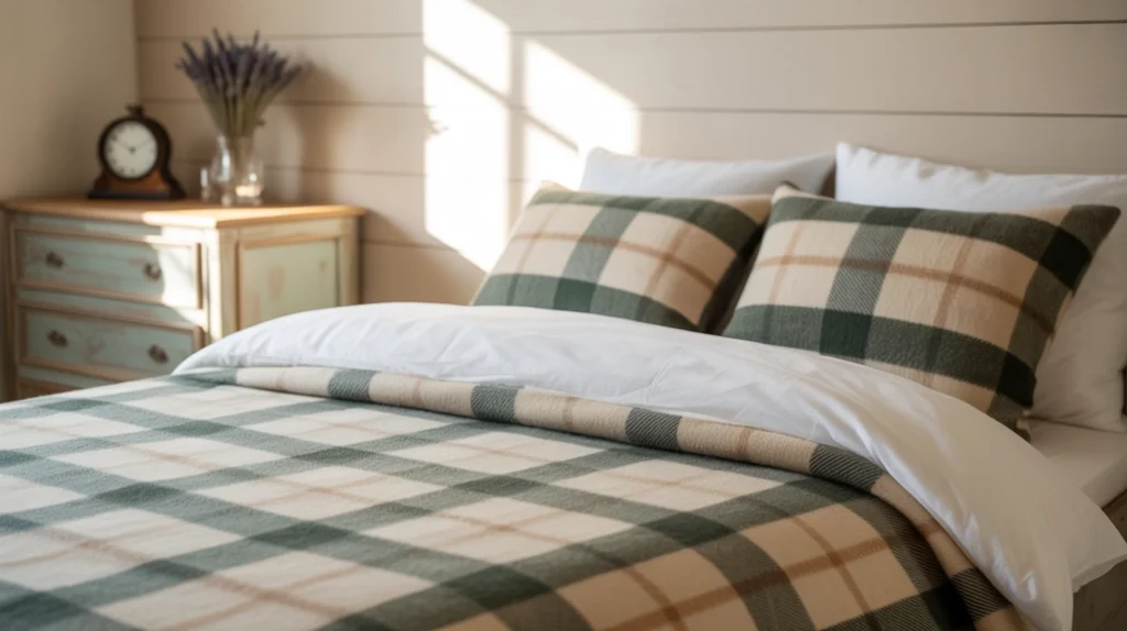 “Rustic farmhouse bedroom with shiplap wall, plaid bedding, and distressed furniture.