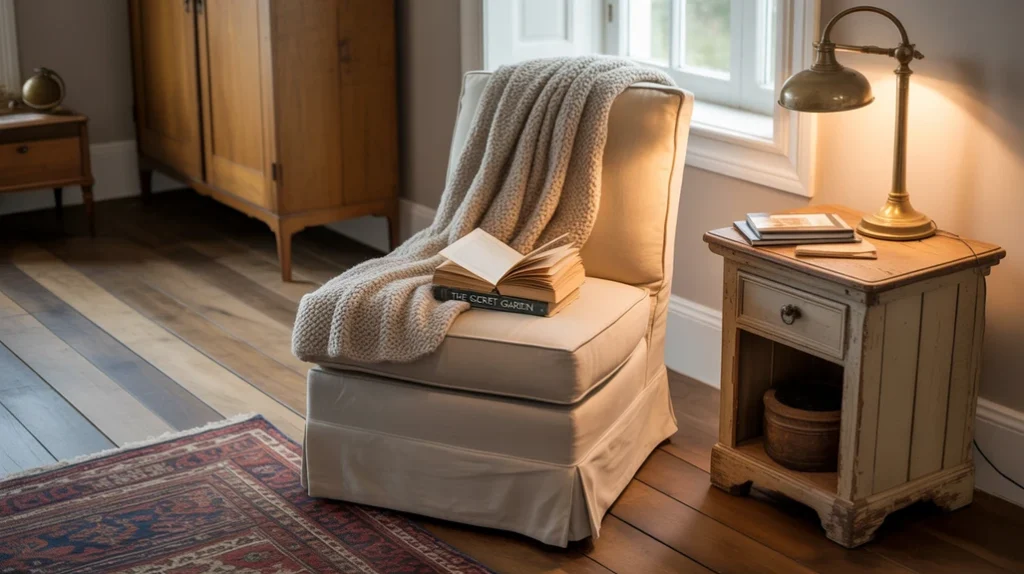 Rustic farmhouse bedroom with hardwood flooring and vintage rug.