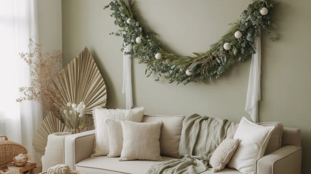 Sage green and white Christmas color scheme 2025 with linen textures, dried florals, and serene holiday decor.