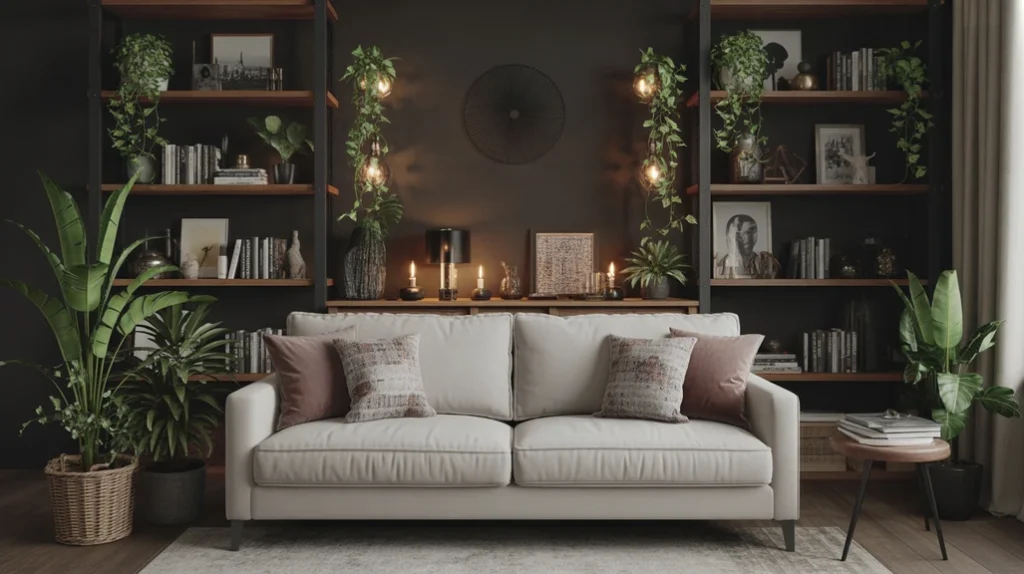 Shelf styling with books, plants, and candles in a dramatic dark boho living room
