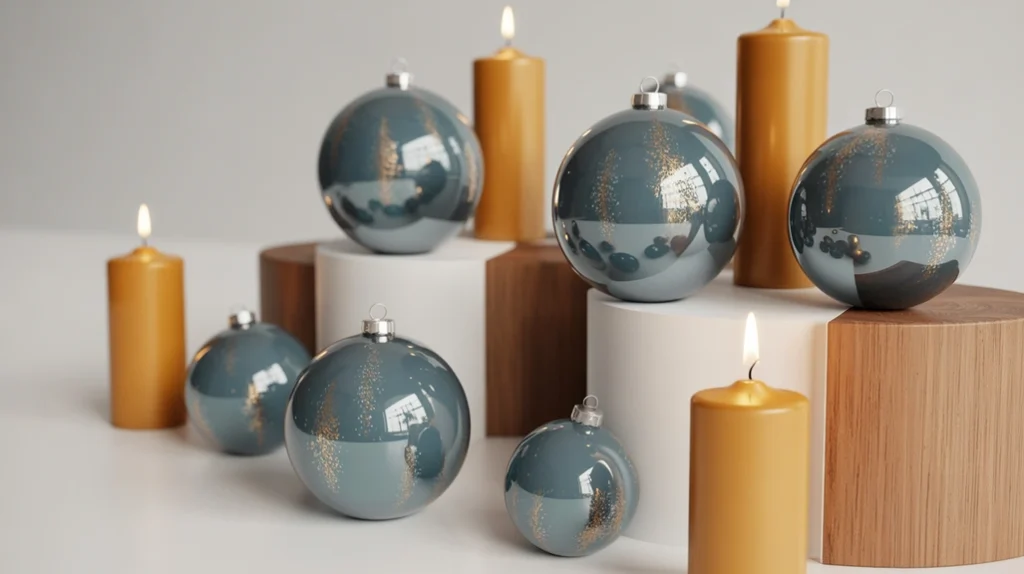 Slate blue and amber Christmas decorations with glass ornaments and amber candles in a calm, contemporary holiday design.