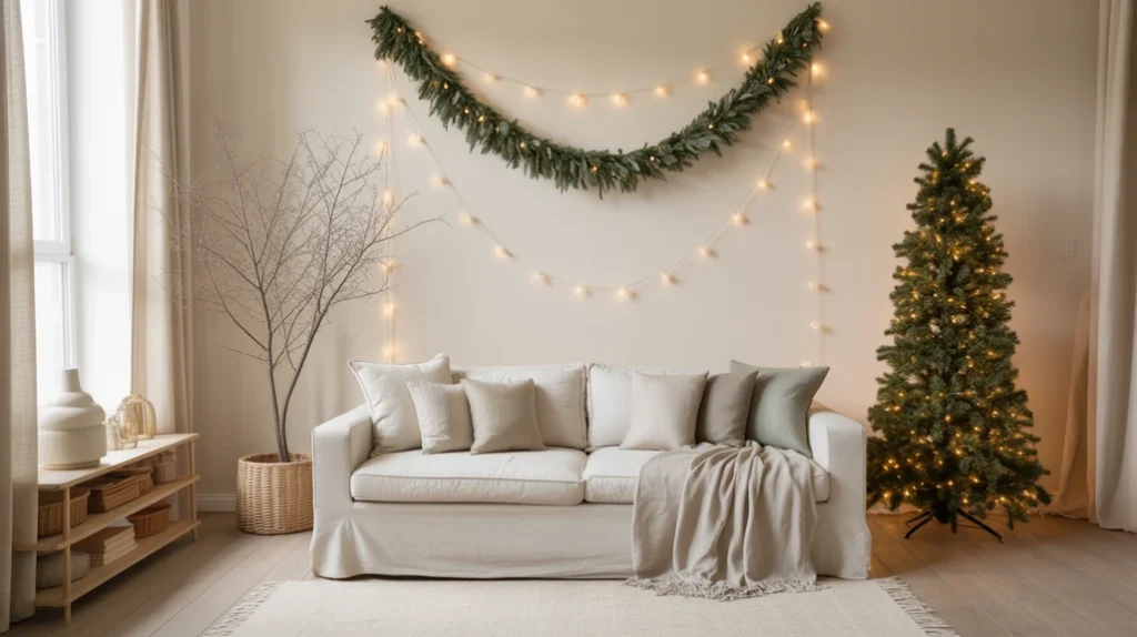 minimalist living space in ivory and sage palette with natural greenery and warm fairy lights for cozy winter interiors.