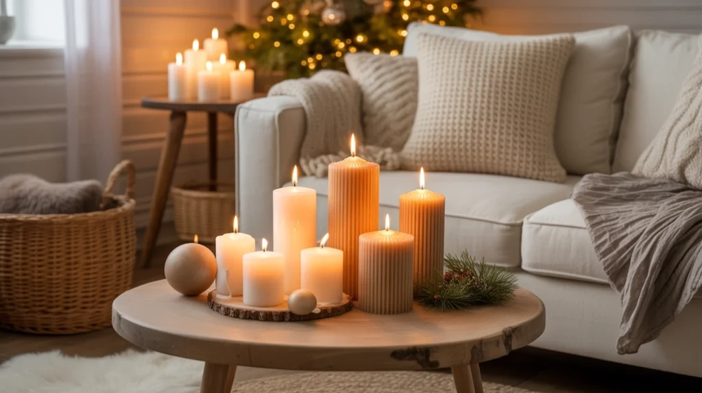 Warm neutral Scandinavian Christmas living room with candles, linen stockings, and hygge-inspired decor.